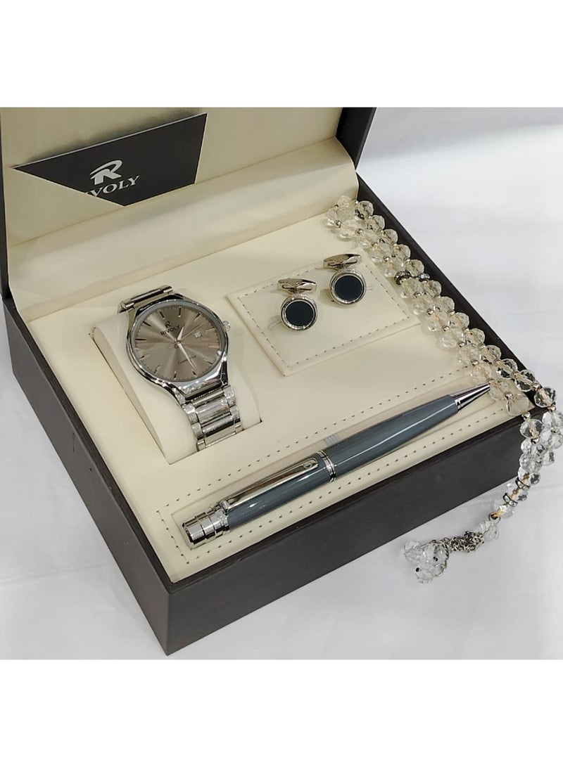 A men's gift set from the Rivoli brand consisting of a wristwatch, pen, cufflinks, and prayer beads.